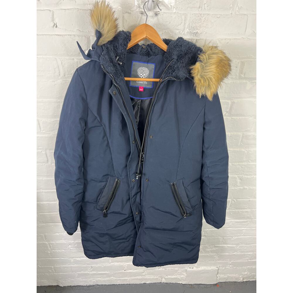 Vince Camuto Women's Faux-Fur-Trim Hooded Parka Jacket Full Zip Blue Size L